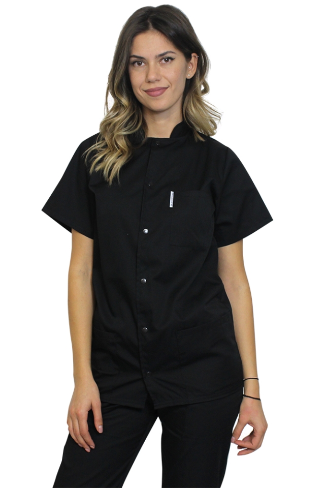 Tunica bucatar dama, negru, cu maneca scurta, inchidere cu capse simpla