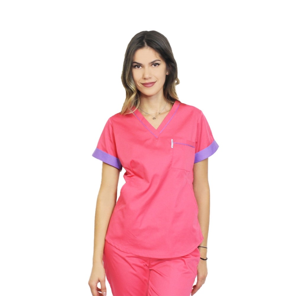 Uniforma de lucru format din bluza ciclam cu paspol mov si pantaloni, model Amani