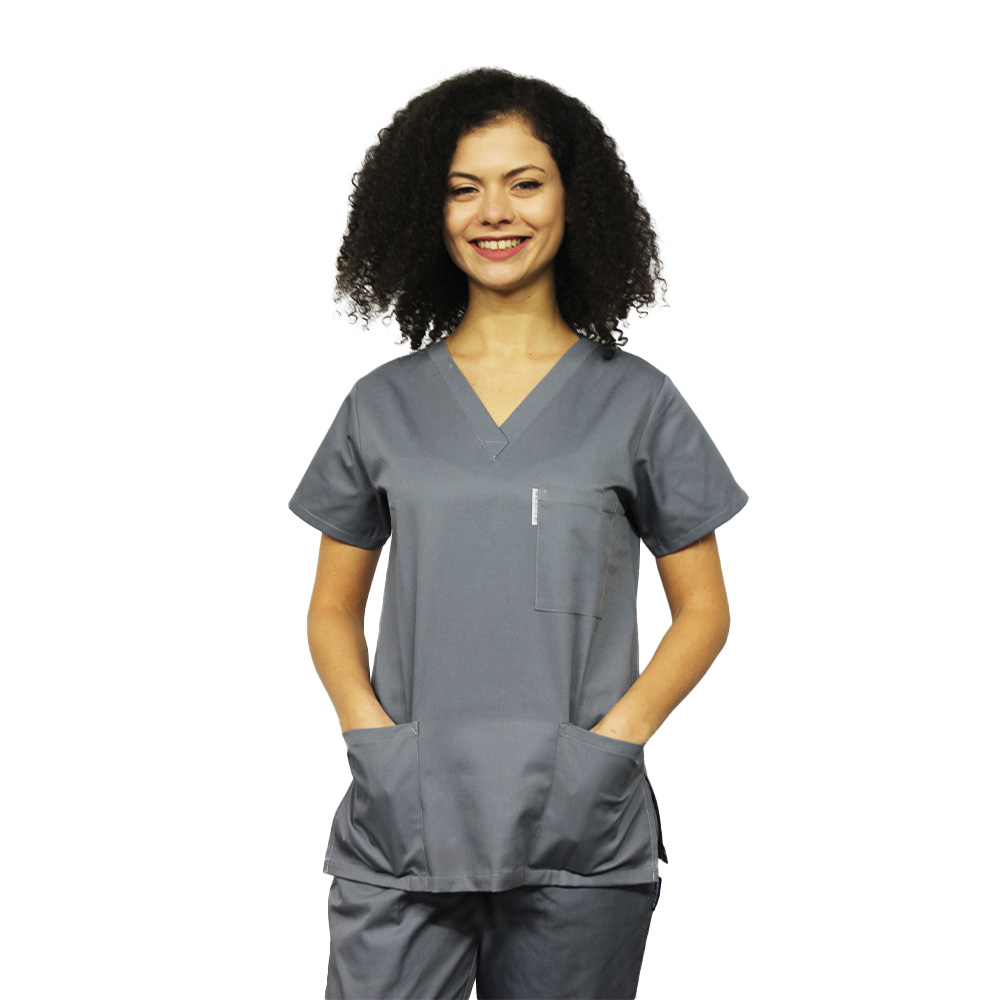 Halat de lucru gri dama cu anchior in forma V si trei buzunare aplicate