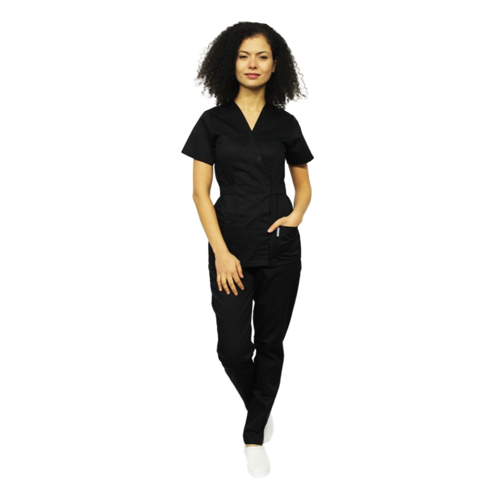 Costum receptionera negru, cu bluza tip kimono si pantaloni cu elastic