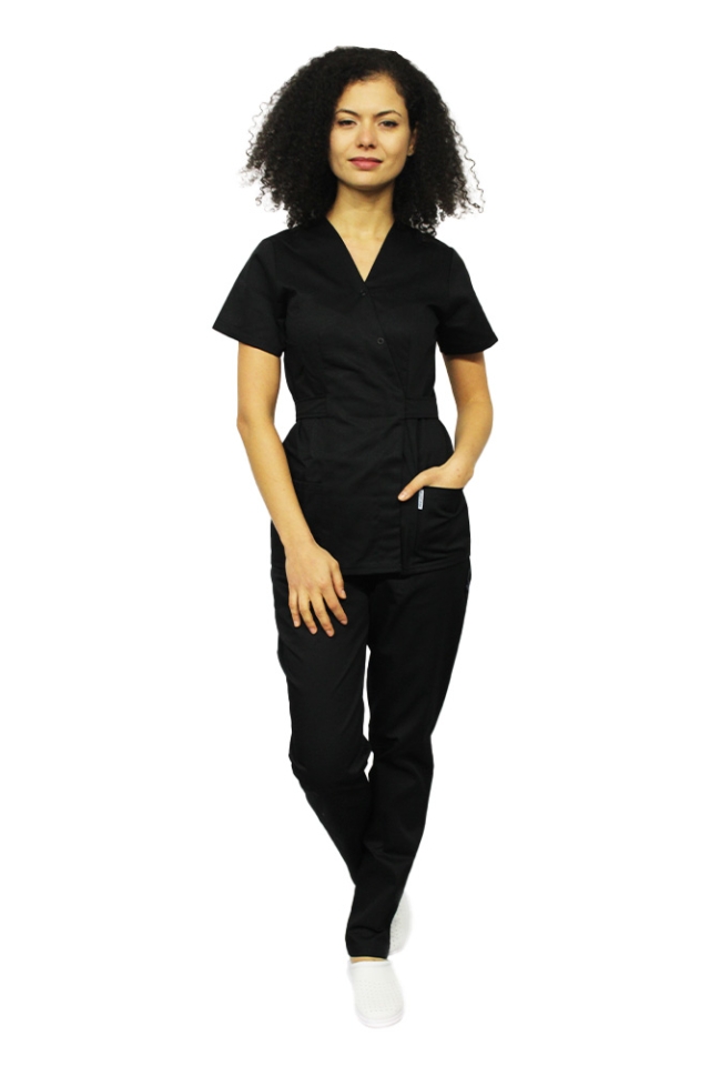 Costum receptionera negru, cu bluza tip kimono si pantaloni cu elastic