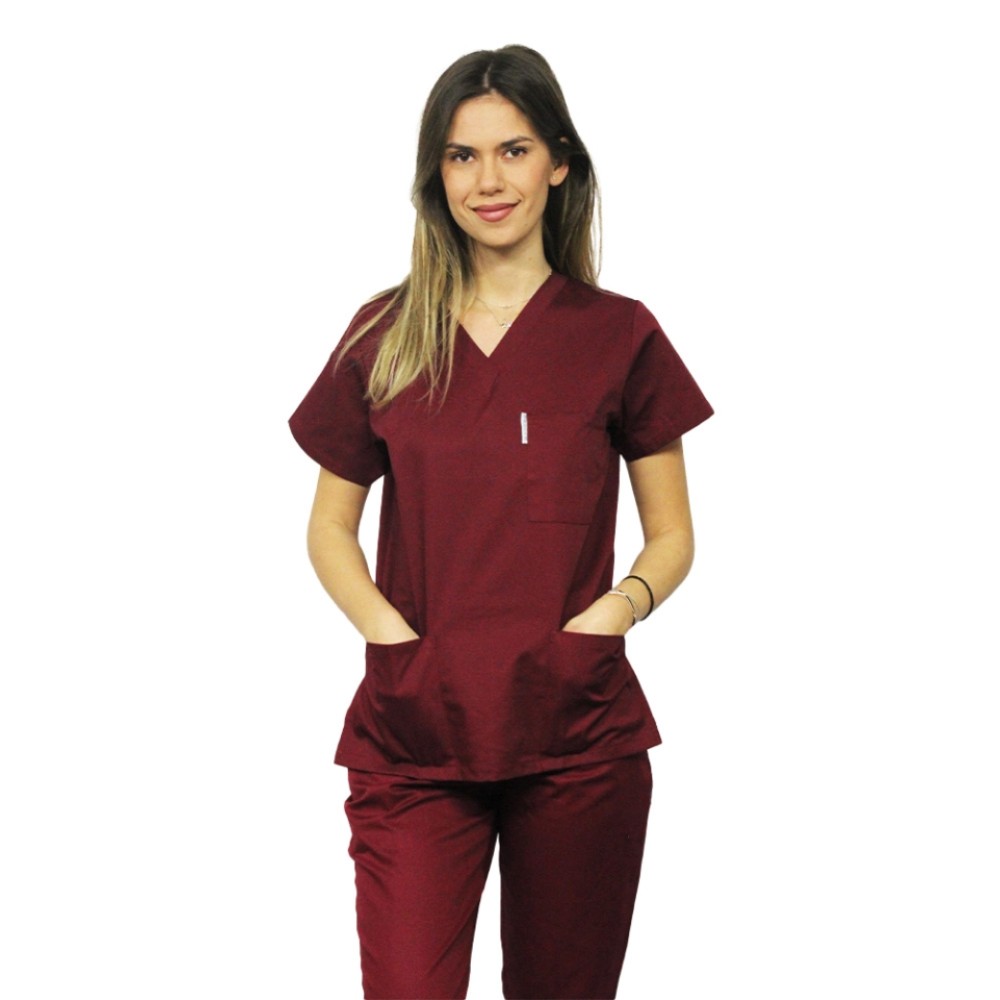 Halat de lucru grena dama cu anchior in forma V cu trei buzunare aplicate