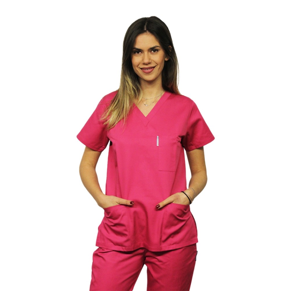 Halat de lucru ciclam dama cu anchior in forma V cu trei buzunare aplicate