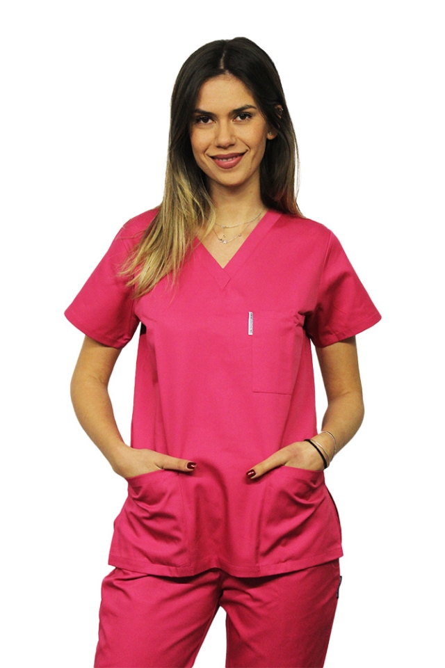 Halat de lucru ciclam dama cu anchior in forma V cu trei buzunare aplicate