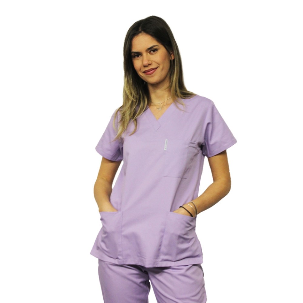 Halat de lucru lila dama cu anchior in forma V cu trei buzunare aplicate