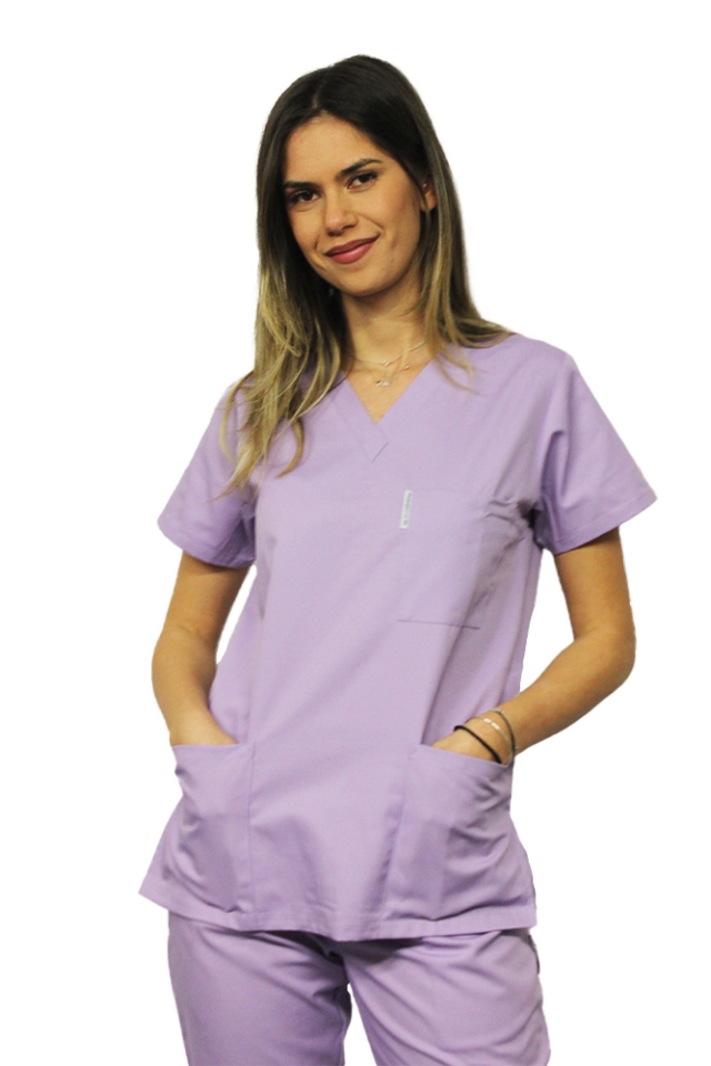 Halat de lucru lila dama cu anchior in forma V cu trei buzunare aplicate..