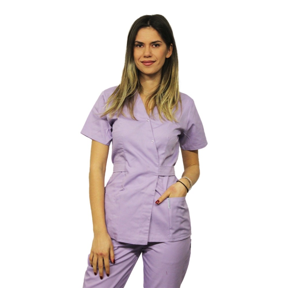 Halat pentru domeniul alimentar kimono lila cu doua buzunare aplicate