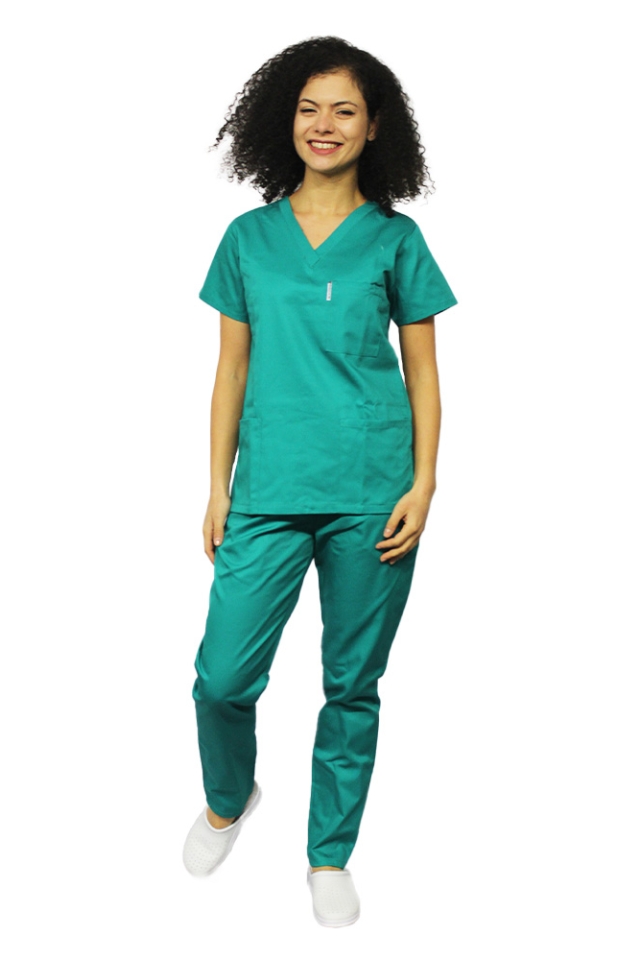 Uniforma de lucru dama verde, cu bluza cu anchior in V si pantaloni verde chirurgical 