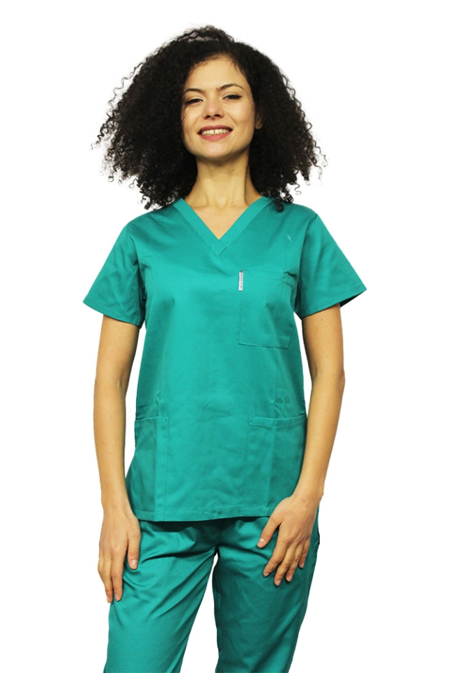 Halat de lucru verde dama cu anchior in forma V cu trei buzunare aplicate