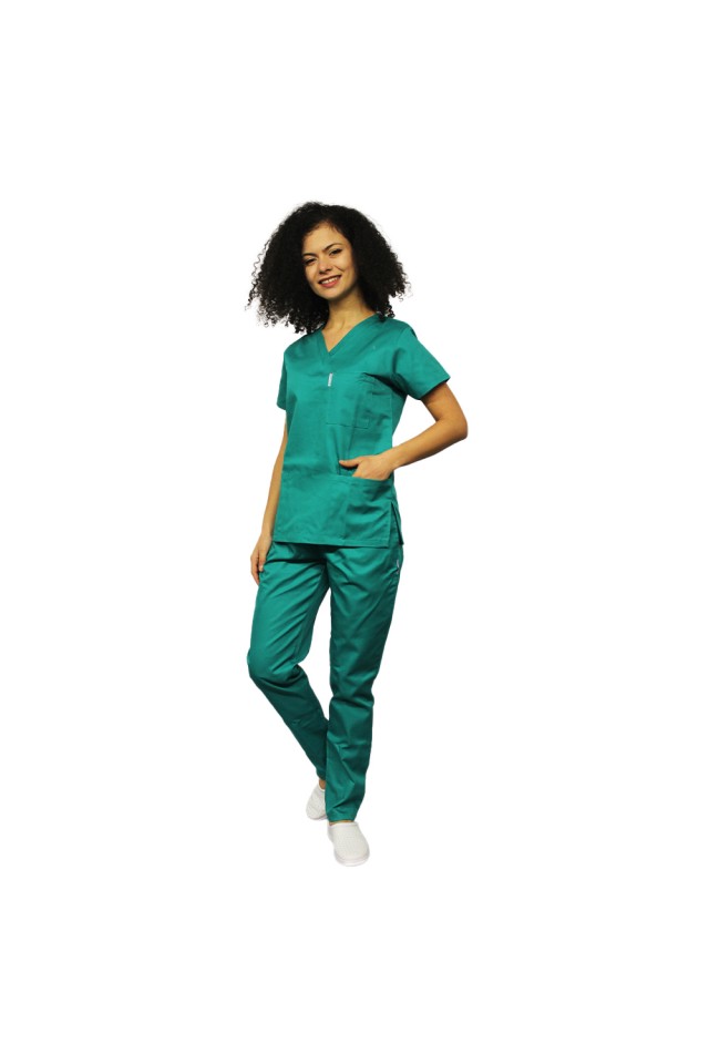 Uniforma de lucru dama verde, cu bluza cu anchior in V si pantaloni verde chirurgical 