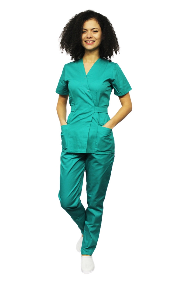 Costum receptionera verde, cu bluza tip kimono si pantaloni cu elastic