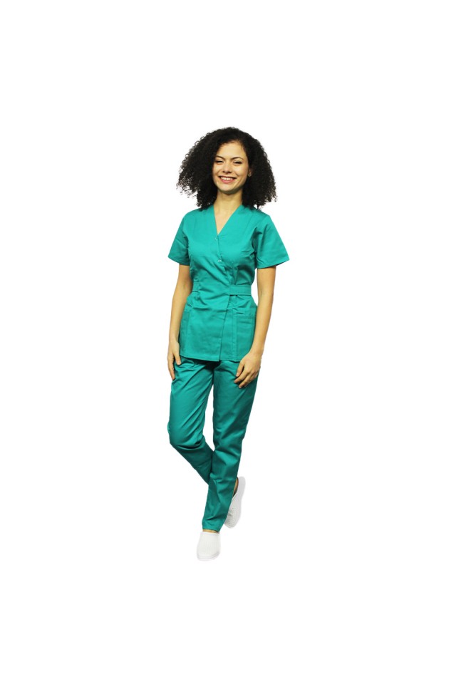 Costum receptionera verde, cu bluza tip kimono si pantaloni cu elastic
