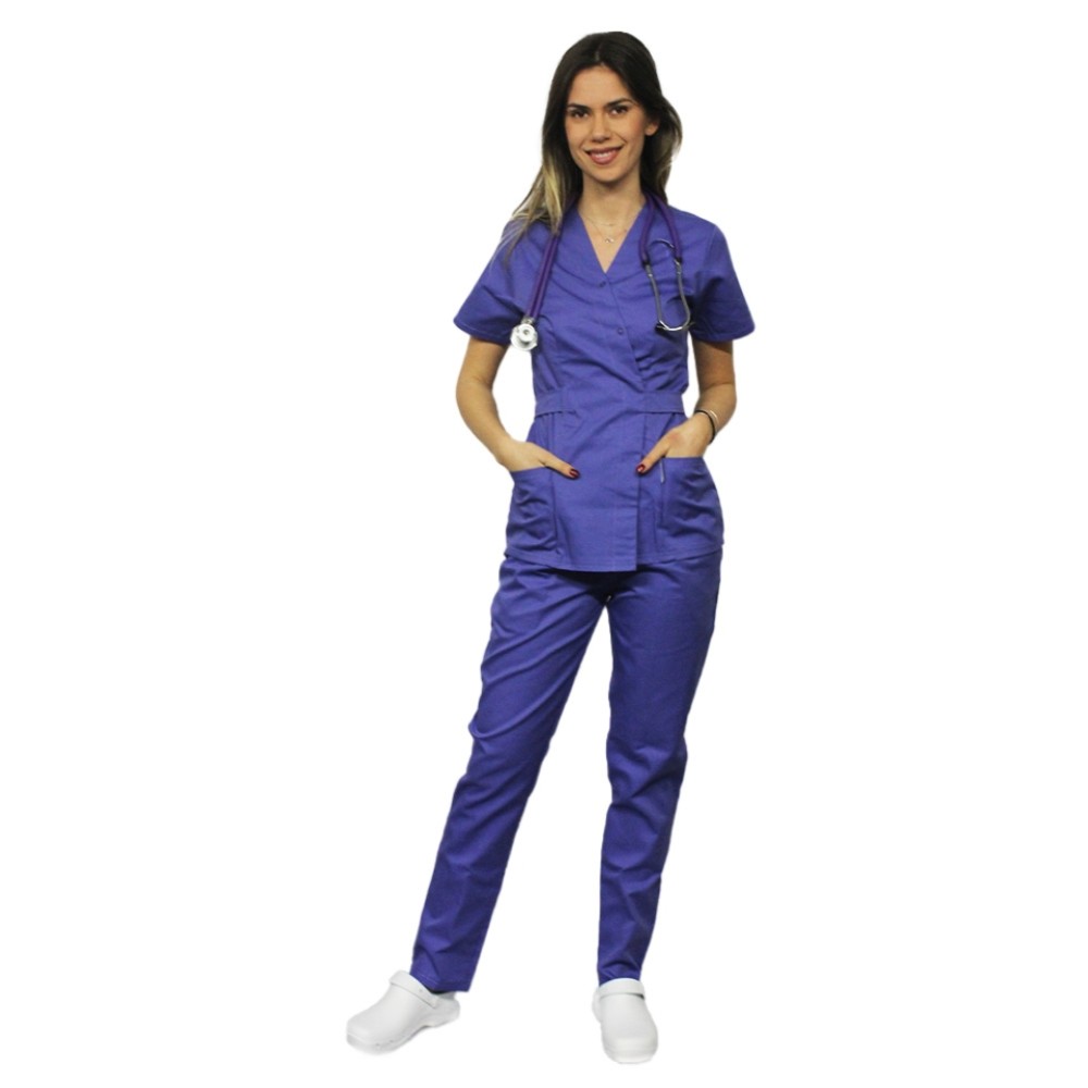 Costum receptionera mov, cu bluza tip kimono si pantaloni cu elastic