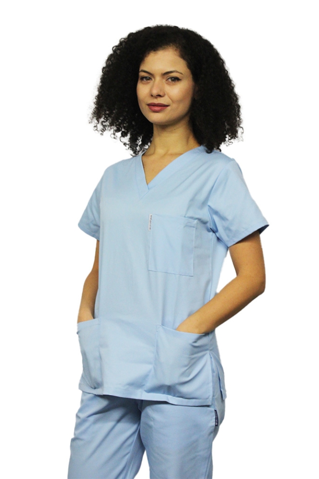 Halat de lucru bleo dama cu anchior in V si trei buzunare aplicate