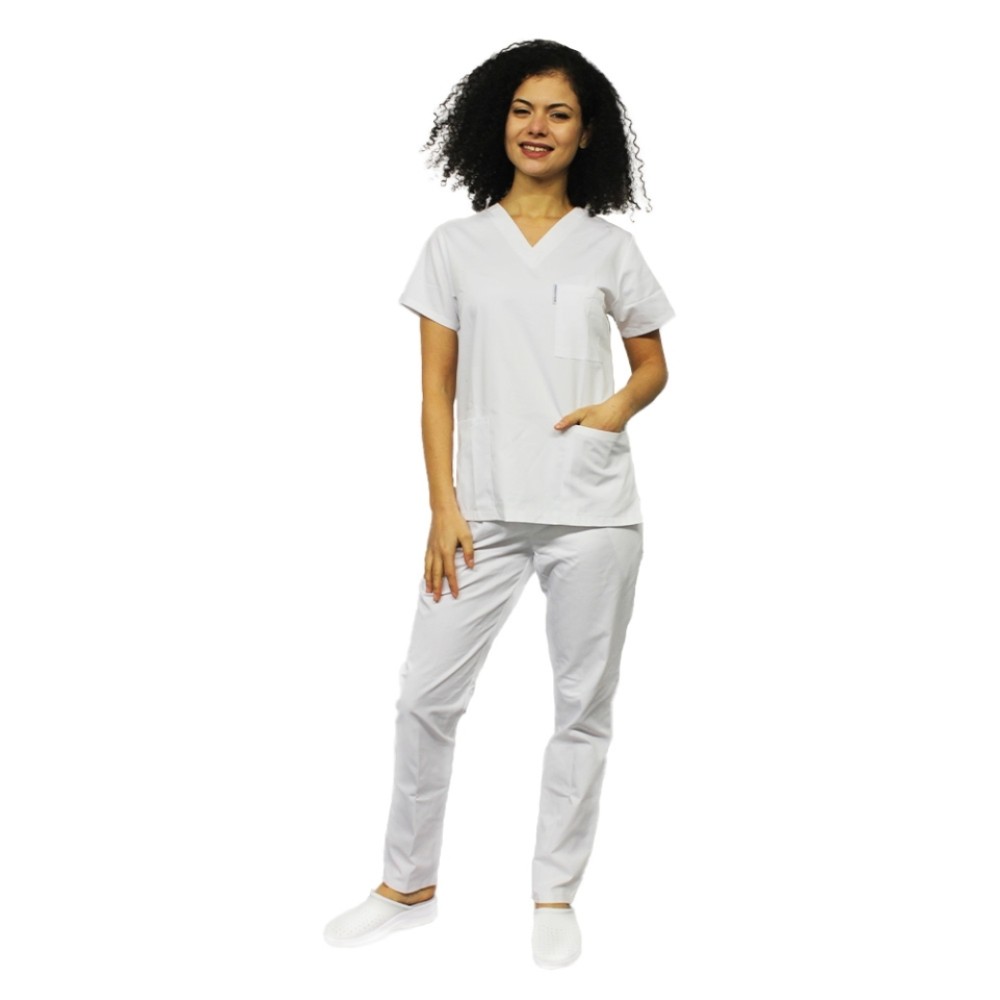 Uniforma de lucru dama alba cu bluza cu anchior in forma V si pantaloni alb cu elastic