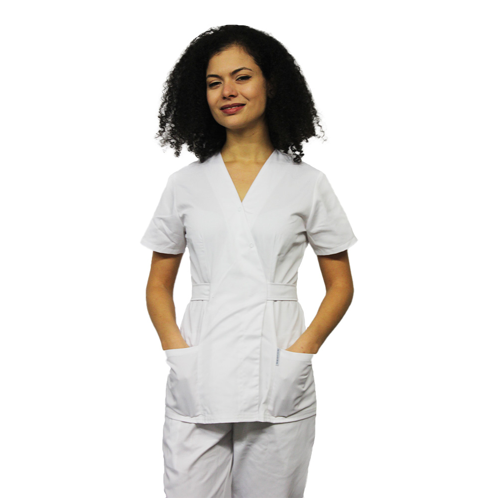 Costum receptionera alb, cu bluza tip kimono si pantaloni cu elastic