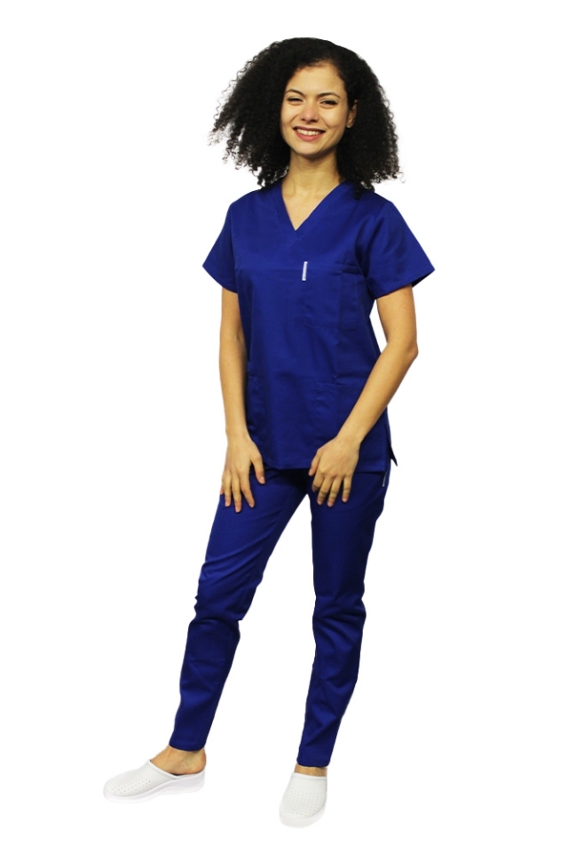 Halat de lucru albastru dama cu anchior in forma V si trei buzunare aplicate