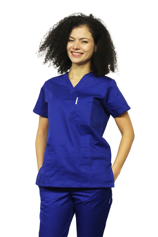 Halat de lucru albastru dama cu anchior in forma V si trei buzunare aplicate