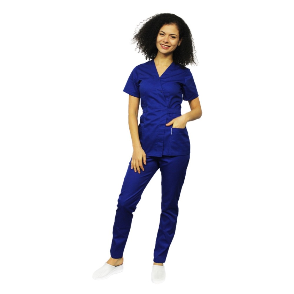 Costum receptionera albastru, cu bluza tip kimono si pantaloni cu elastic