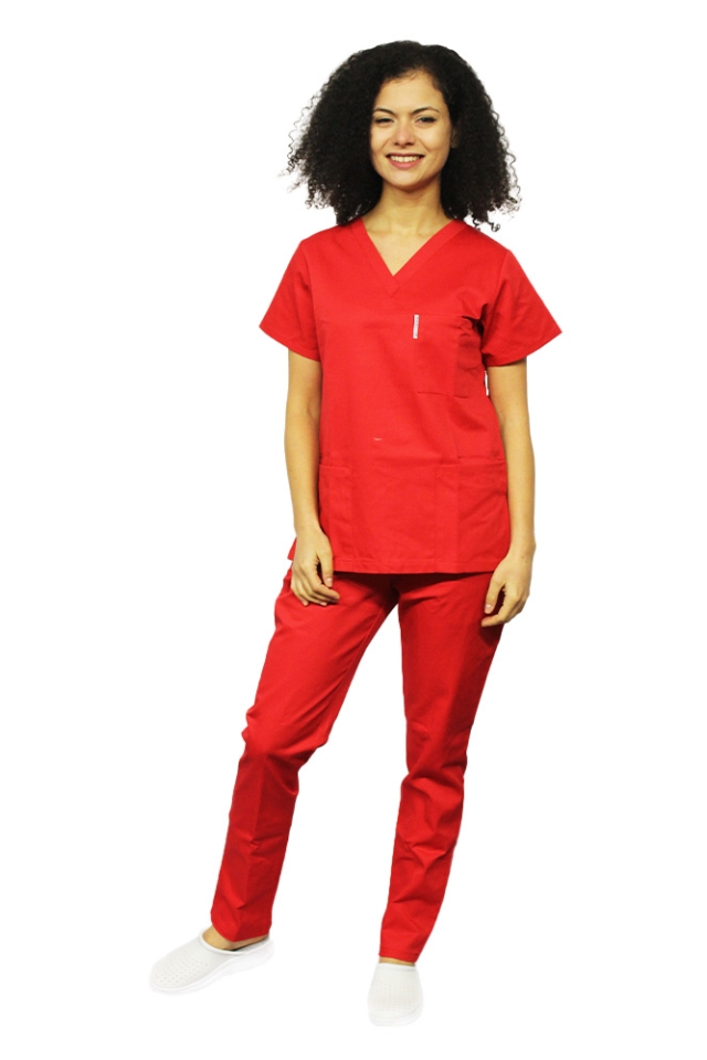 Uniforma de lucru dama rosu, bluza cu anchior in V, trei buzunare si pantaloni cu elastic