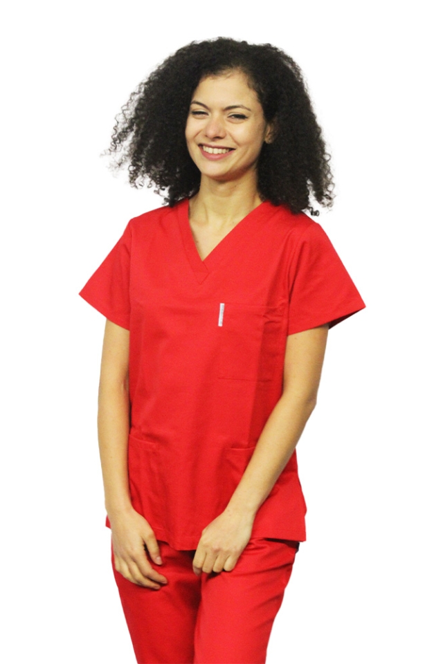 Halat de lucru rosu dama cu anchior in forma V si trei buzunare aplicate