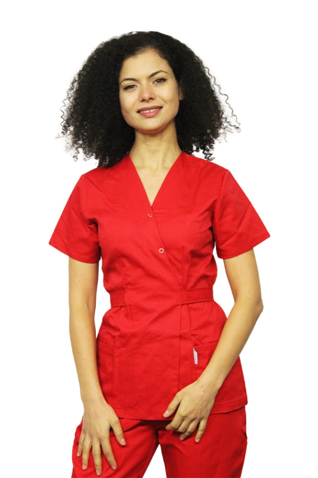 Halat pentru domeniul alimentar kimono rosu cu doua buzunare aplicate..