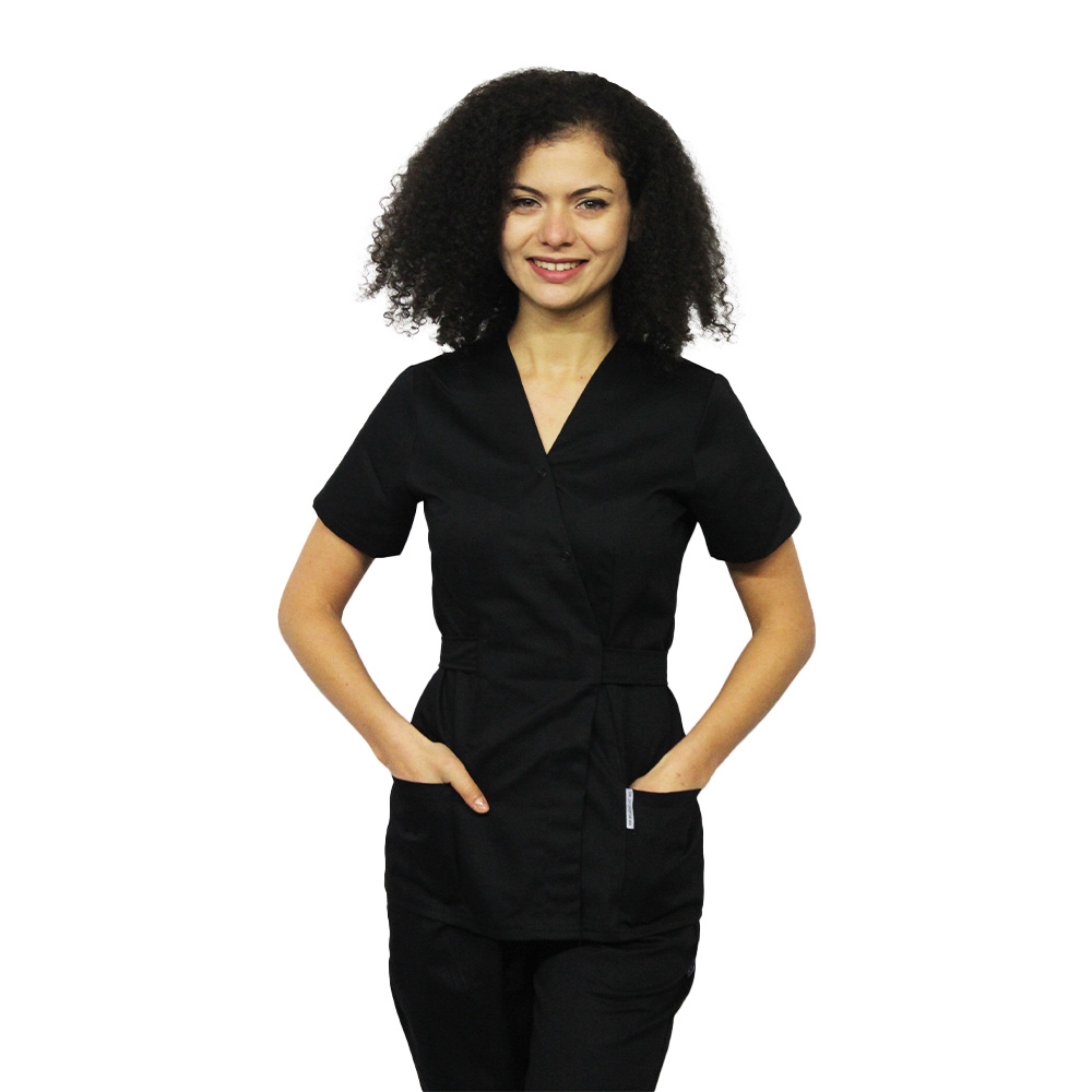 Costum receptionera negru, cu bluza tip kimono si pantaloni cu elastic