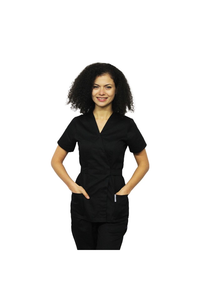 Costum receptionera negru, cu bluza tip kimono si pantaloni cu elastic