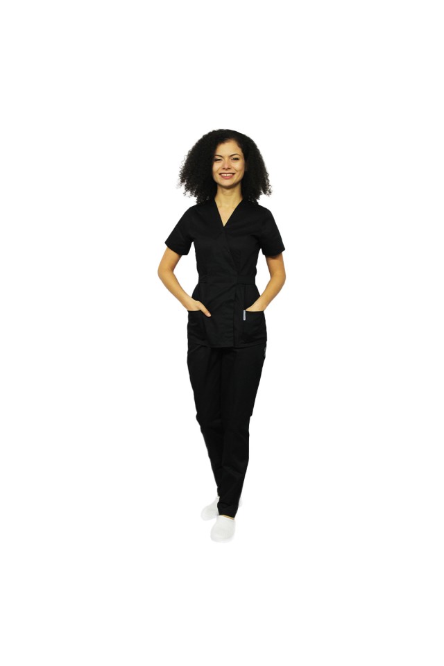 Costum receptionera negru, cu bluza tip kimono si pantaloni cu elastic
