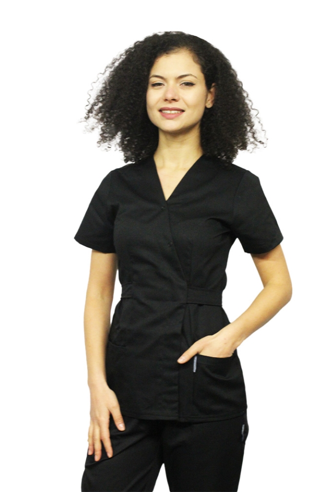 Halat pentru domeniul alimentar kimono negru cu doua buzunare aplicate..