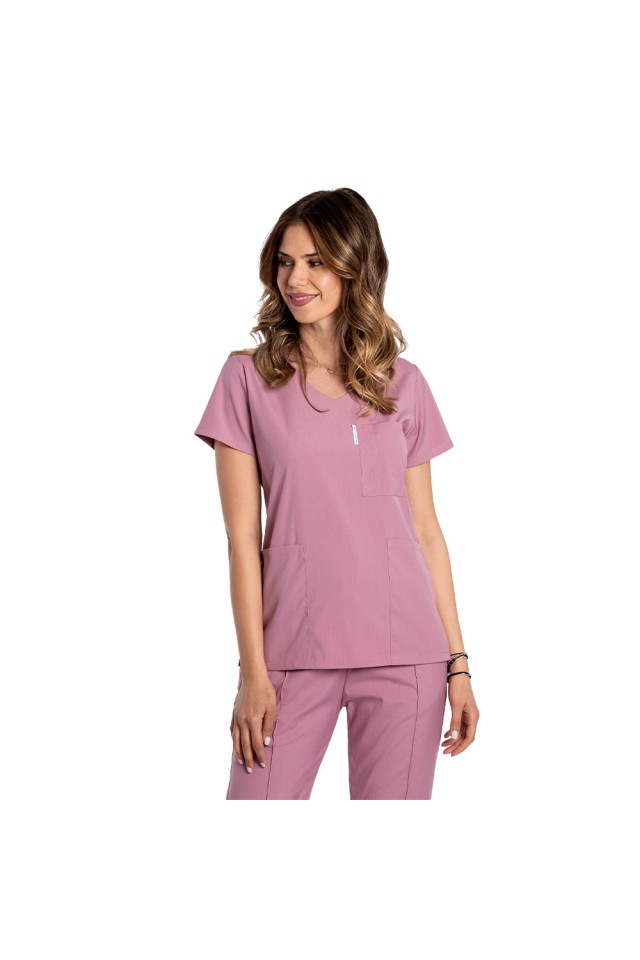 Costum de lucru cu elastan dama roz pudrat cu bluza in V si pantaloni cu snur si elastic