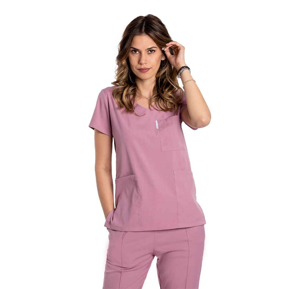 Costum de lucru cu elastan dama roz pudrat cu bluza in V si pantaloni cu snur si elastic