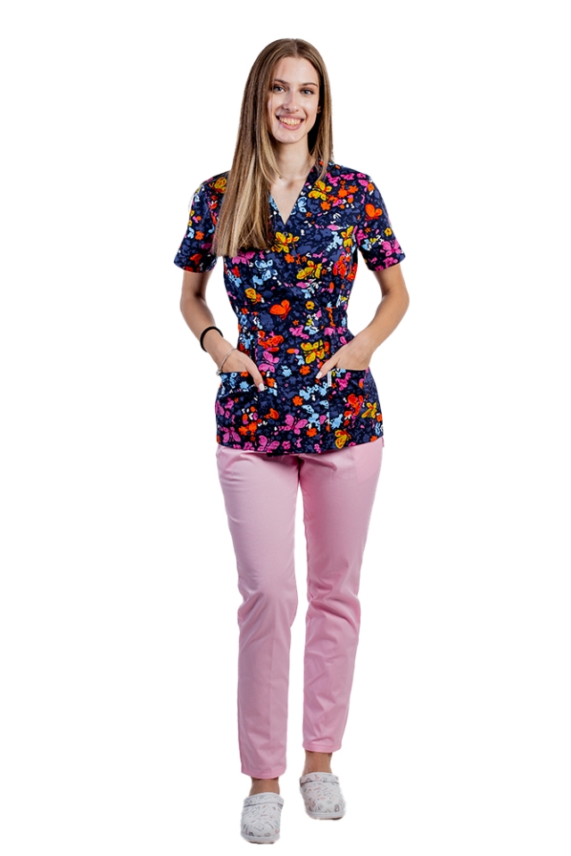 Costume de lucru pentru gradinite model kimono Butterfly , cu bluza cu imprimeu  si pantaloni cu elastic