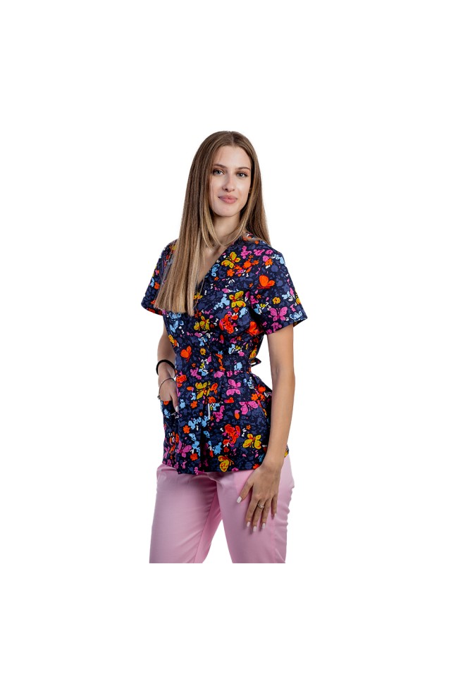 Costume de lucru pentru gradinite model kimono Butterfly , cu bluza cu imprimeu  si pantaloni cu elastic