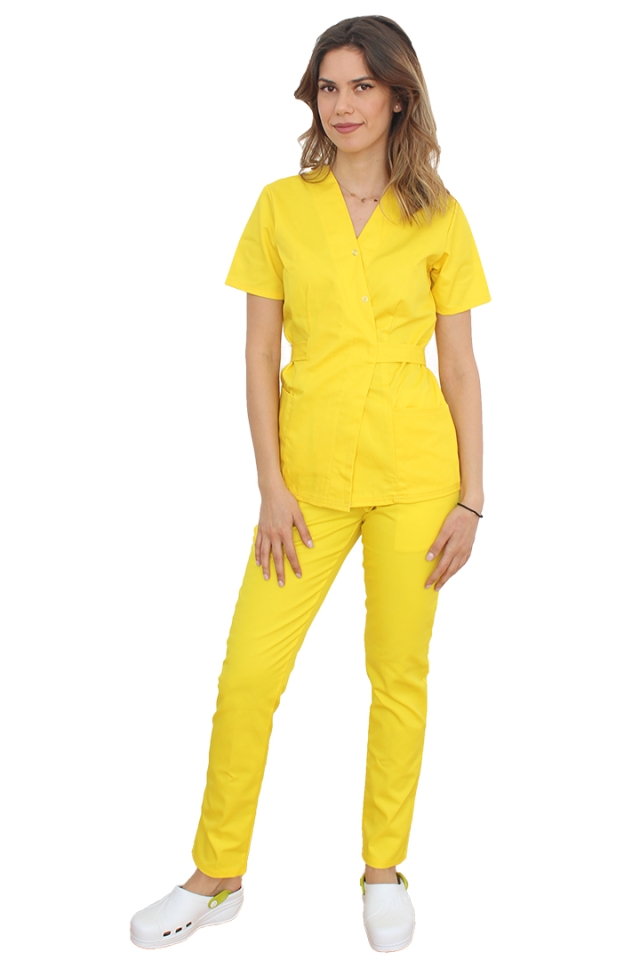 Costum receptionera galben, cu bluza tip kimono si pantaloni galben cu elastic