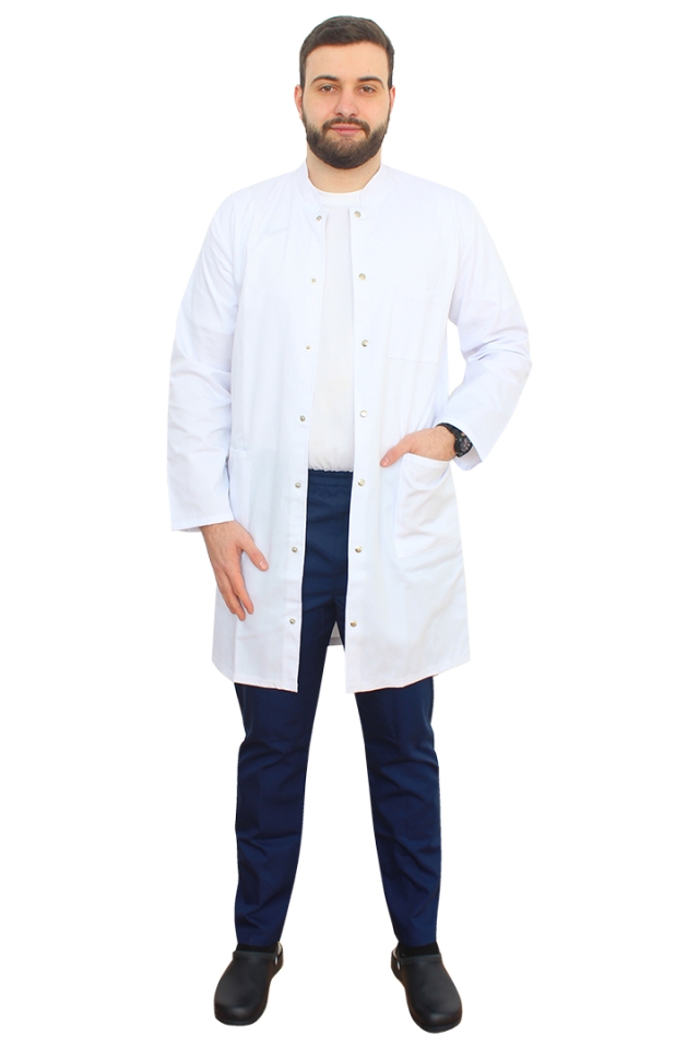 Halat de laborator alb, barbati, cu guler tip tunica si trei buzunare