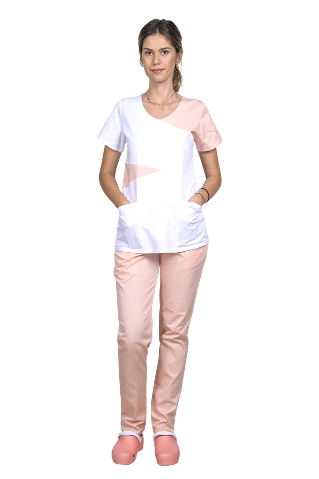 Uniforma de lucru alb cu piersica, model Luiza