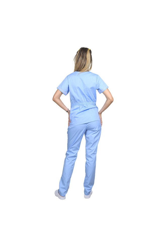 Uniforma de lucru bleu cu roz pal, model Sofia