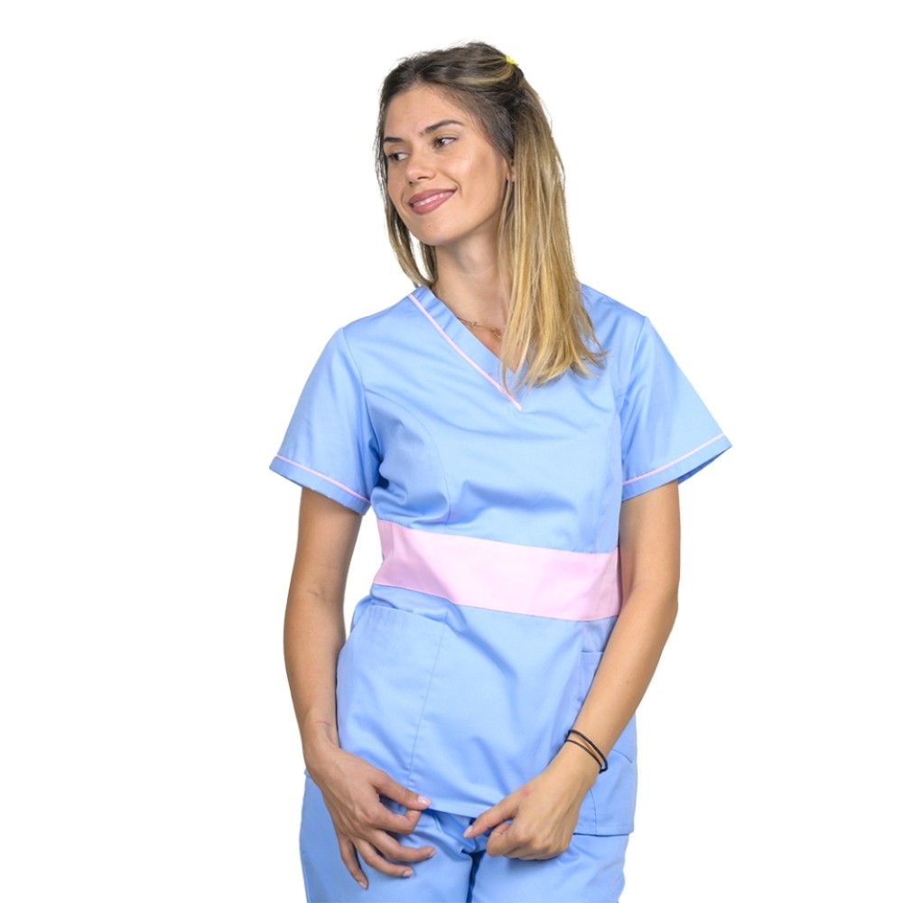 Uniforma de lucru bleu cu roz pal, model Sofia