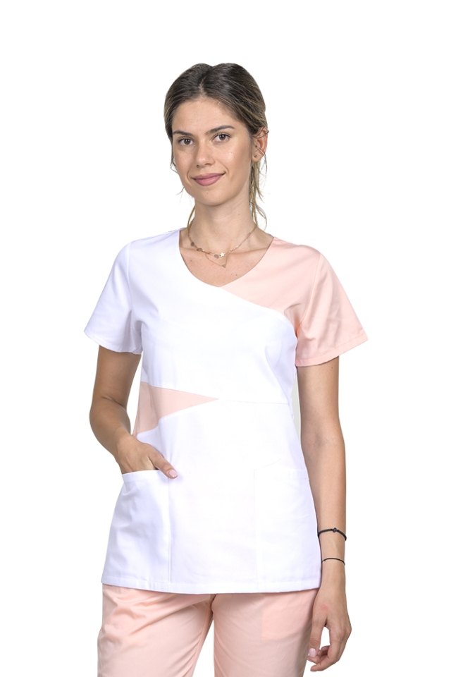 Uniforma de lucru alb cu piersica, model Luiza