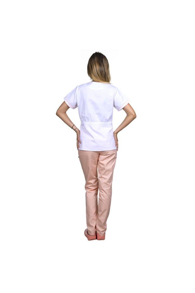 Uniforma de lucru alb cu piersica, model Sofia