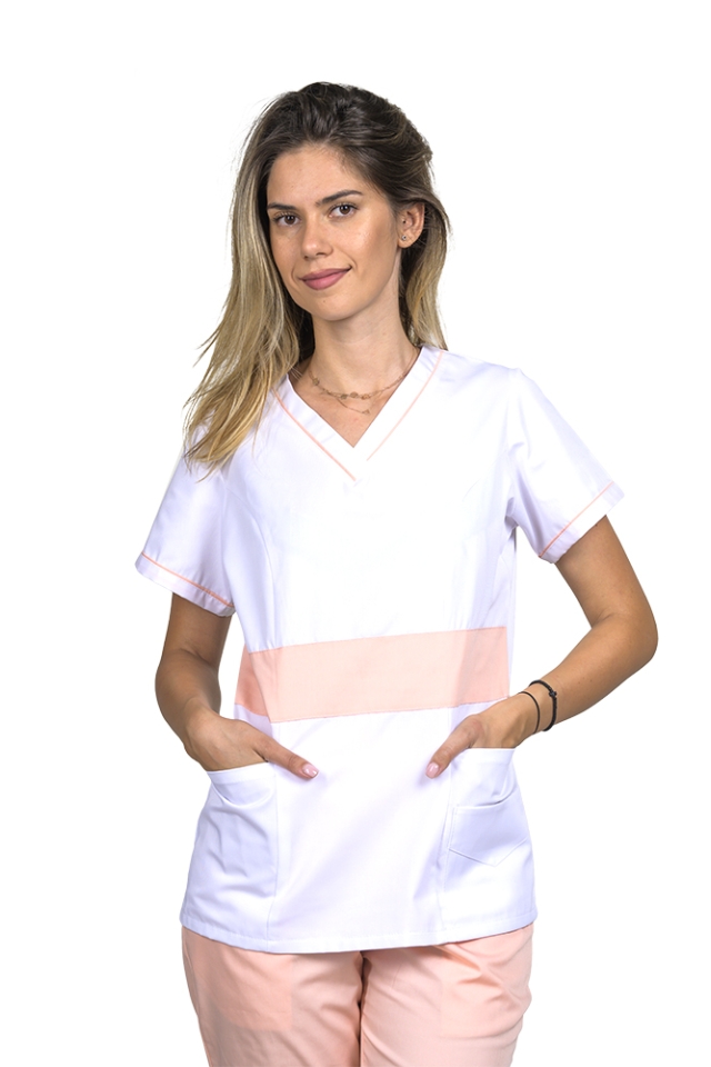 Uniforma de lucru alb cu piersica, model Sofia
