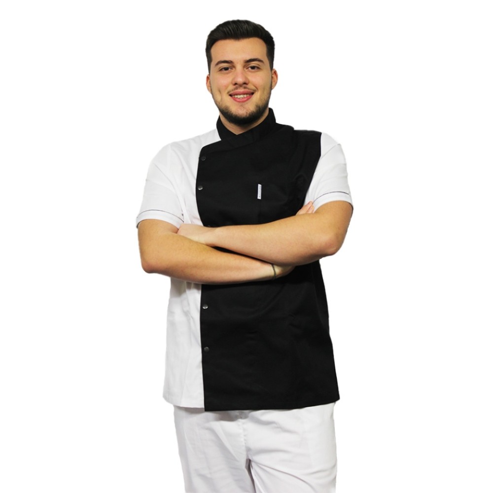 Tunica bucatar barbat alb cu negru cu capse si maneca scurta