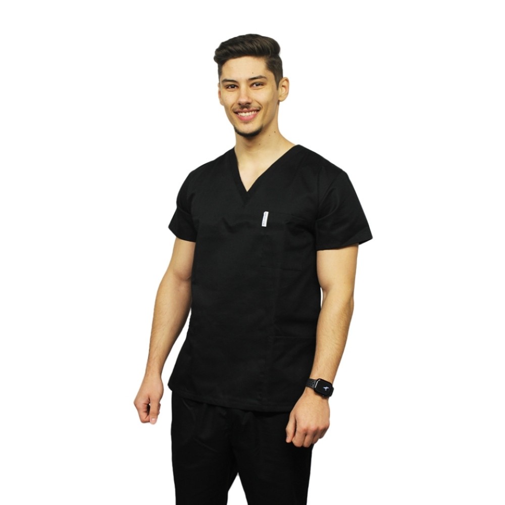 Halat curatenie negru barbati cu anchior in forma V cu trei buzunare aplicate