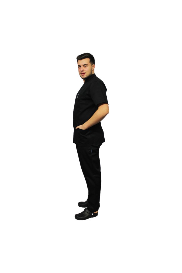 Tunica bucatar negru barbatesc cu guler tip tunica si trei buzunare