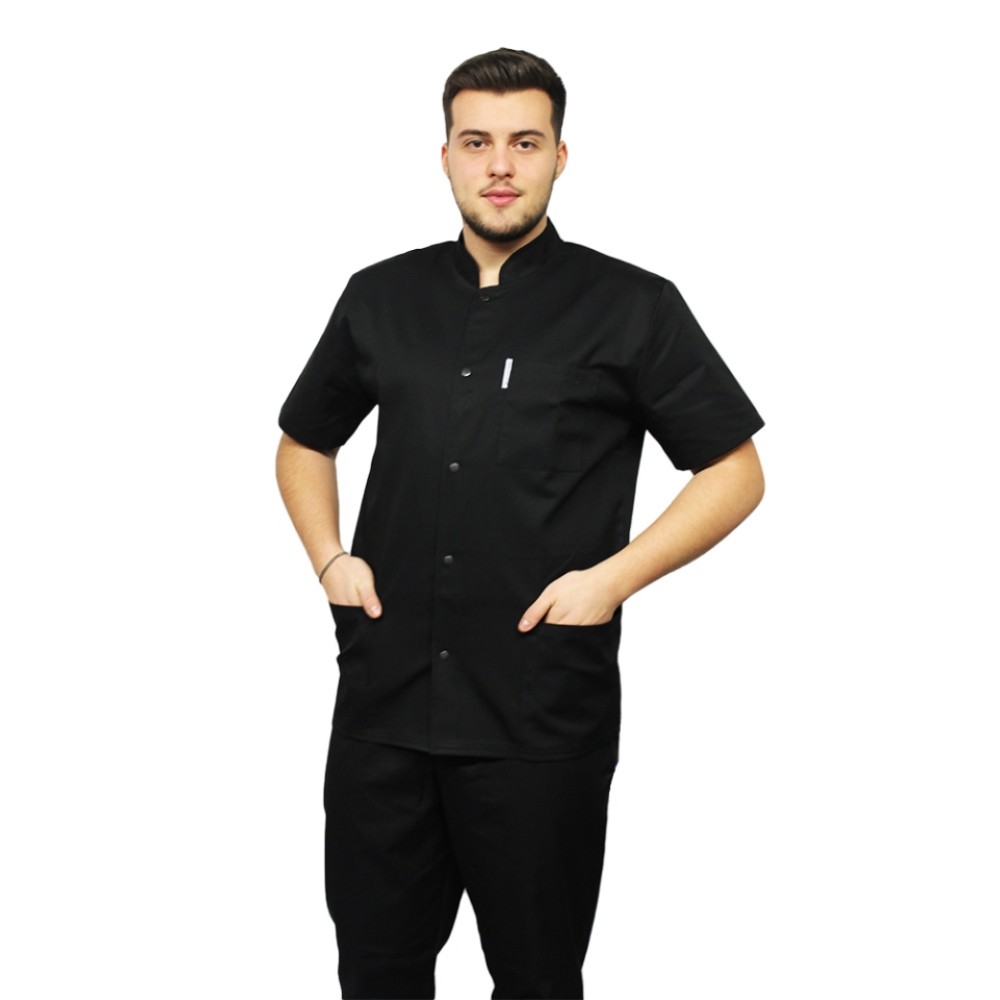 Tunica bucatar negru barbatesc cu guler tip tunica si trei buzunare