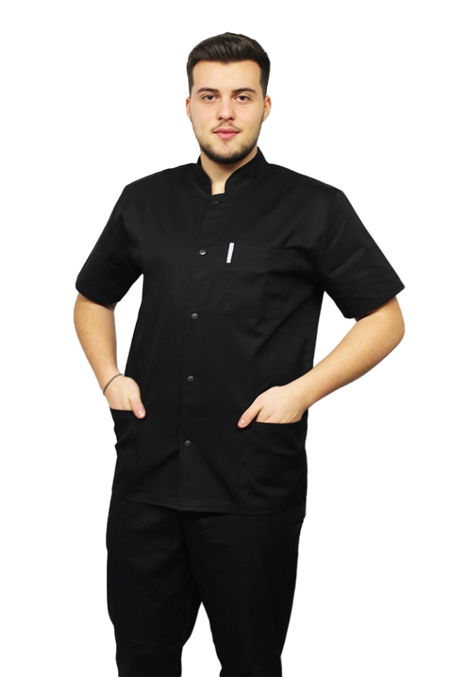 Tunica bucatar negru barbatesc cu guler tip tunica si trei buzunare