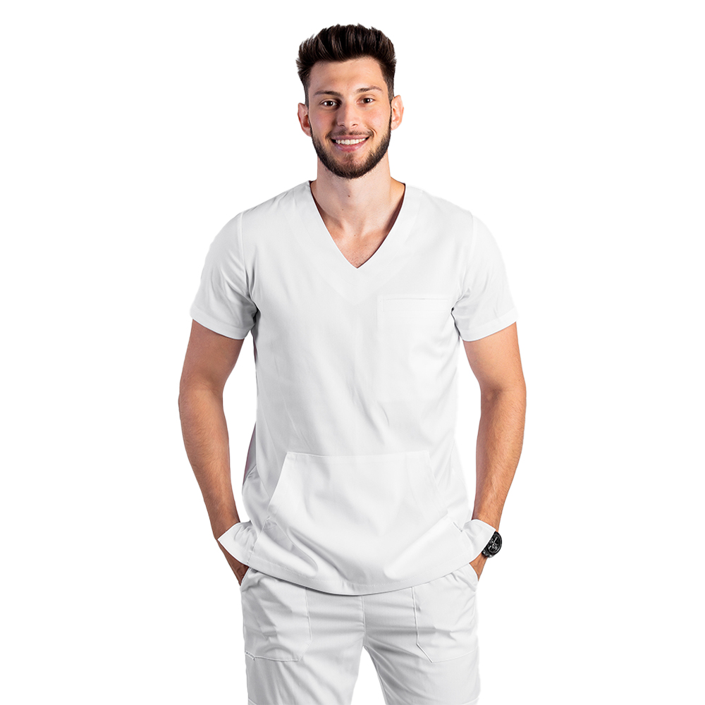 Costum de lucru cu elastan barbati alb cu bluza in V si pantaloni cu snur si elastic