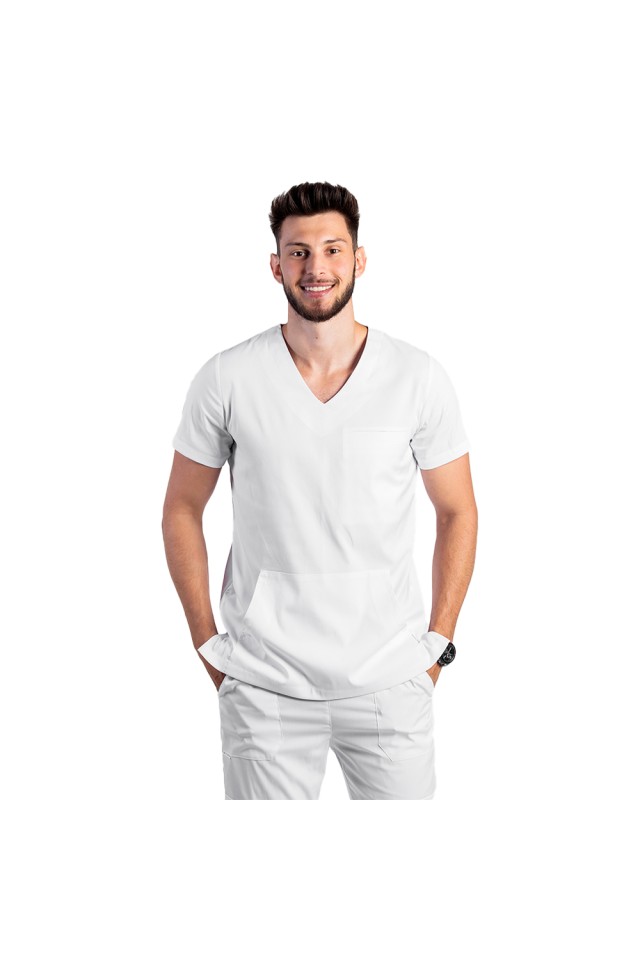 Costum de lucru cu elastan barbati alb cu bluza in V si pantaloni cu snur si elastic