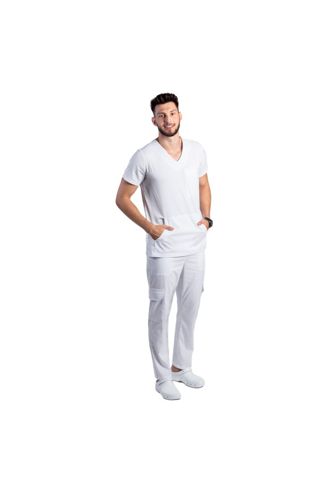 Costum de lucru cu elastan barbati alb cu bluza in V si pantaloni cu snur si elastic